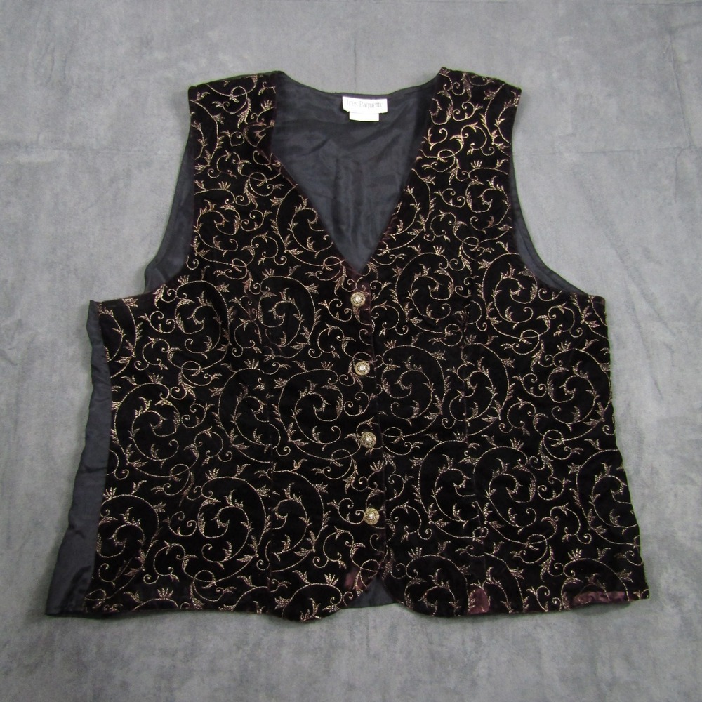 Très Paquette Vest Woman 2X Black Gold Velvet Embroidered Scroll V-Neck Vintage